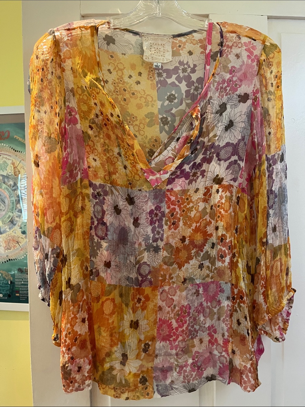 Johnny Was Yellow Multi Floral Patchwork V-Neck Blouse